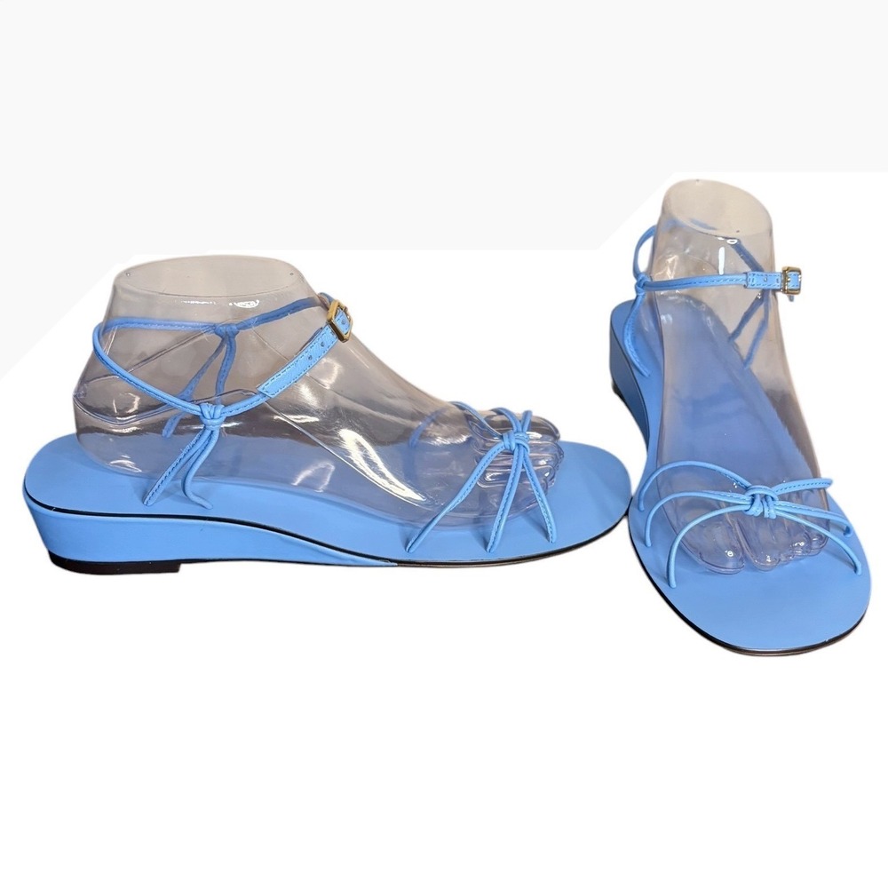 NWOB J.Crew Blue Strappy Leather Wedge Sandals Bow Knot Women's Size 10.5